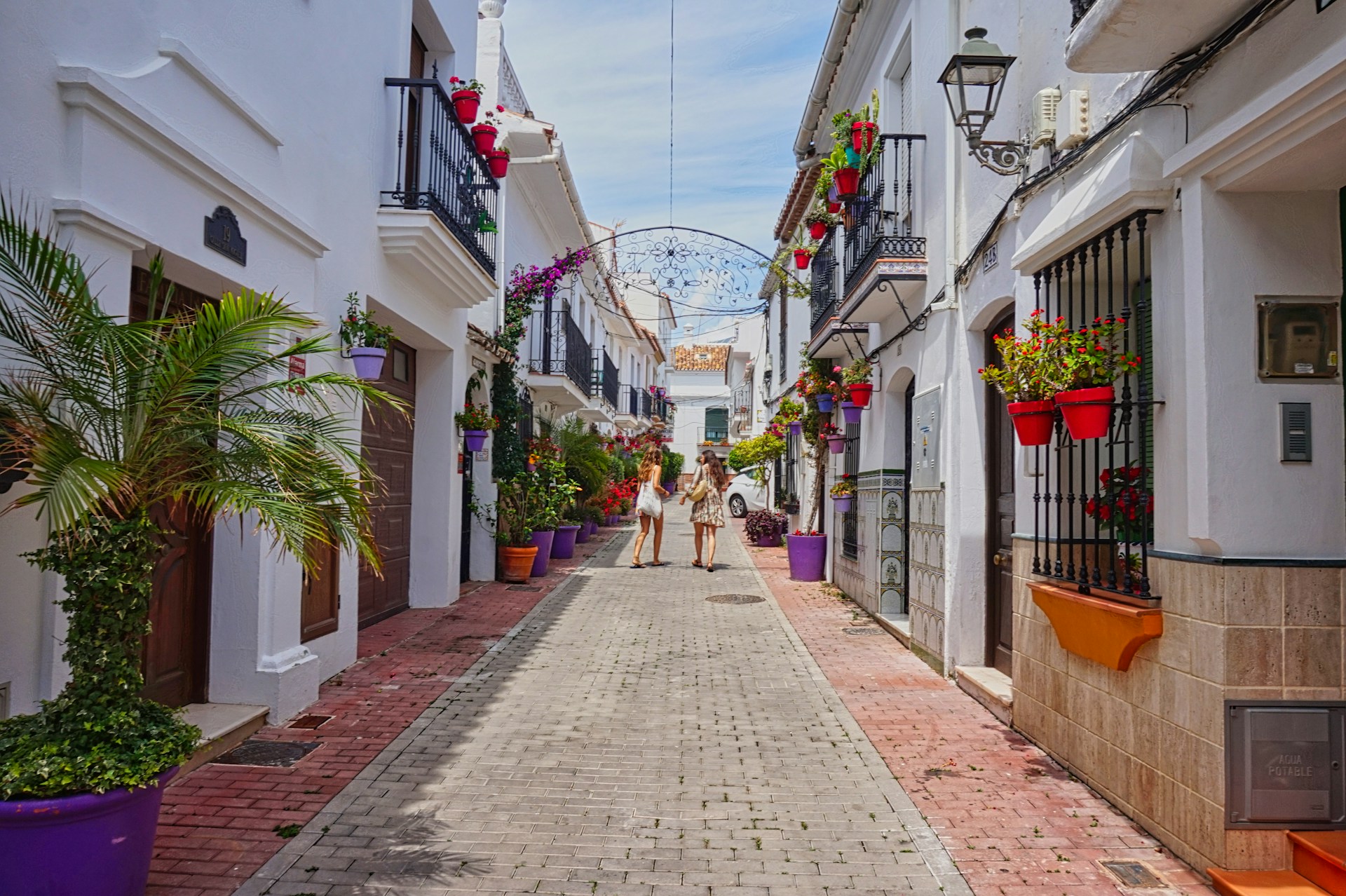 Estepona old town street with white houses and flower pots