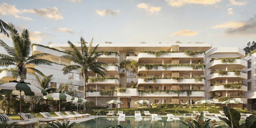 Landscaped pool courtyard at Marbella West Garden Residences