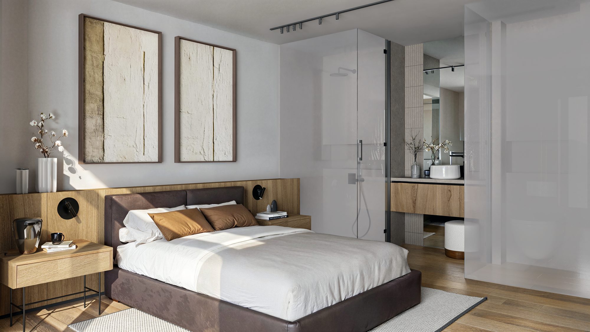 Computer-generated bedroom with a double bed and an en-suite shower behind a glass wall