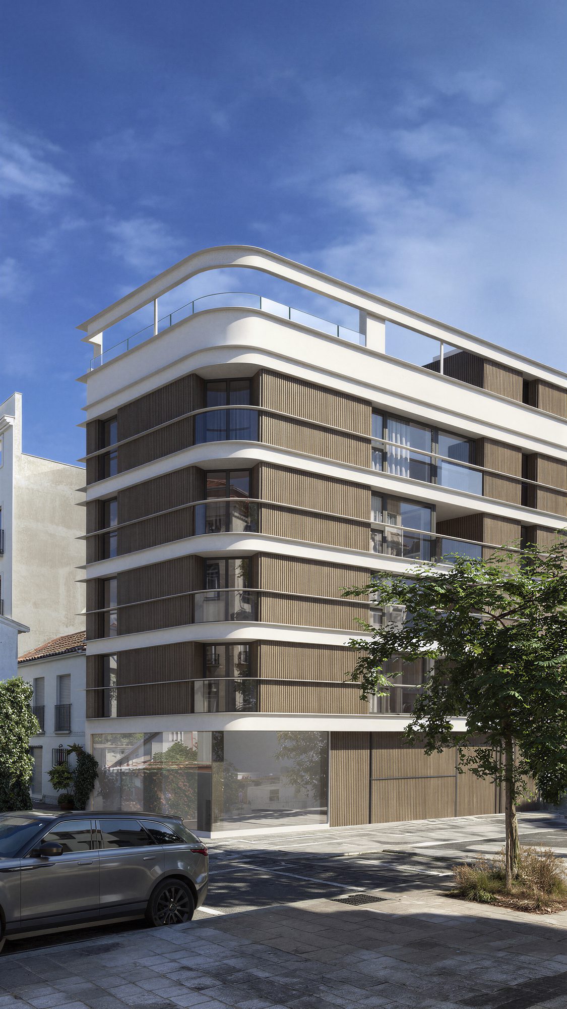 Computer-generated view of a corner building with a curved white top floor and a facade of vertical timber slats