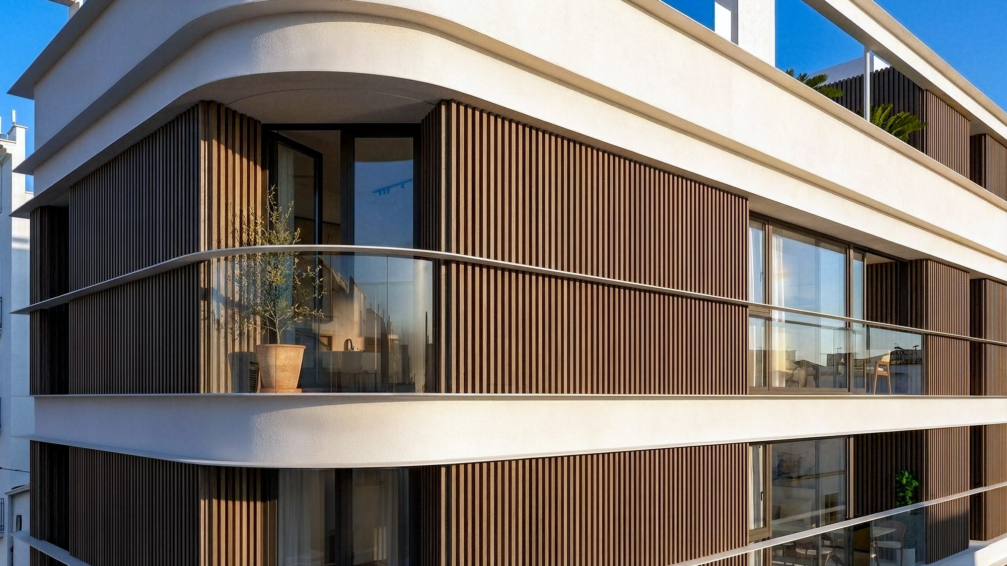 Computer-generated close view of a curved white balcony slab with glass balustrade against timber slats