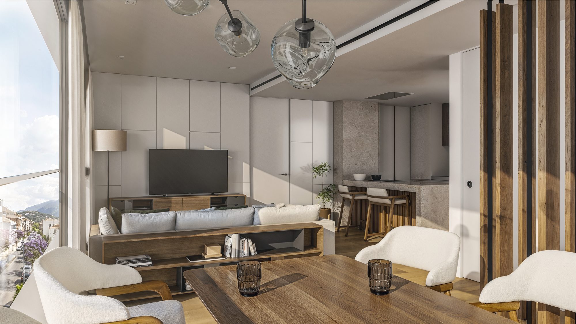 Computer-generated living room and open kitchen with pendant lamps and a wooden coffee table