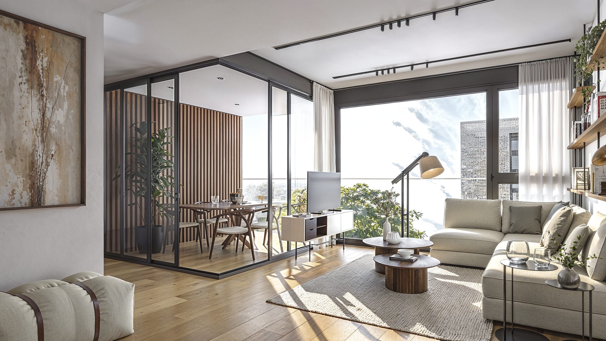 Computer-generated living room with a corner sofa and a glazed balcony door in bright daylight