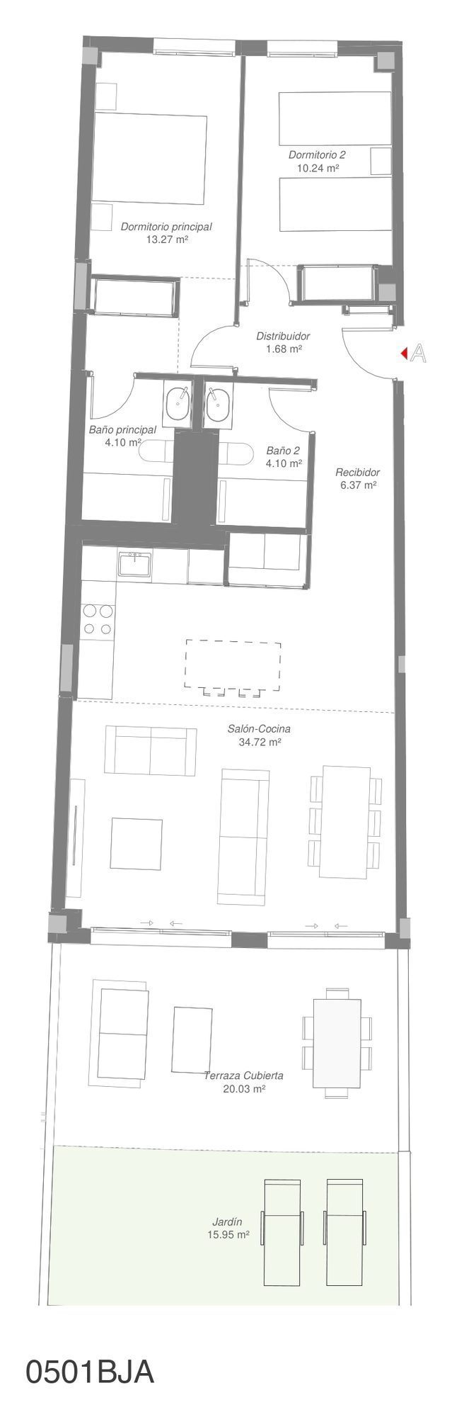 Grundriss der Wohnung 05-01-BJ-A, Erdgeschosswohnung mit überdachter Terrasse und Garten