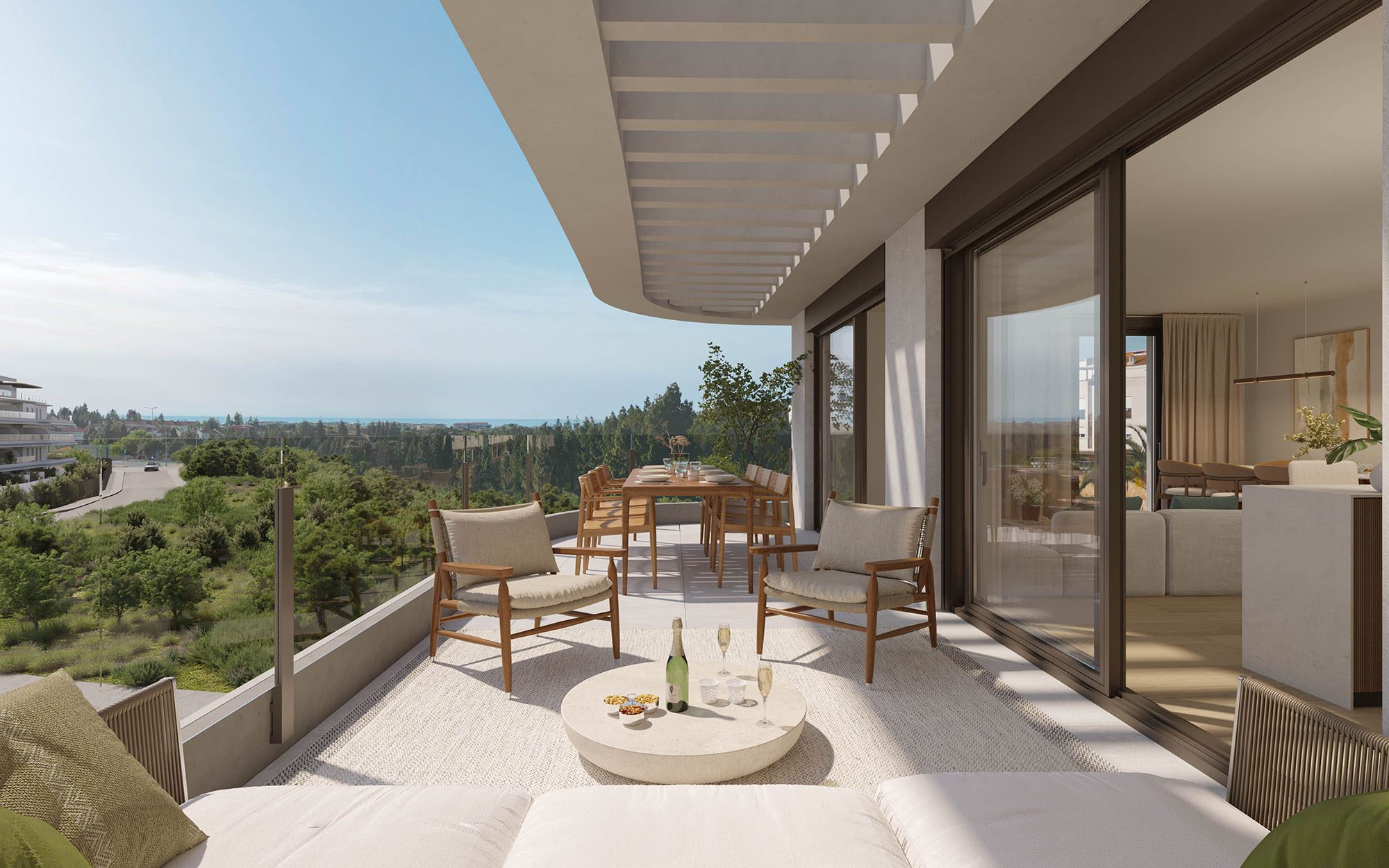 Computergenerierte Terrasse mit Esszimmerstühlen und Blick über das Tal