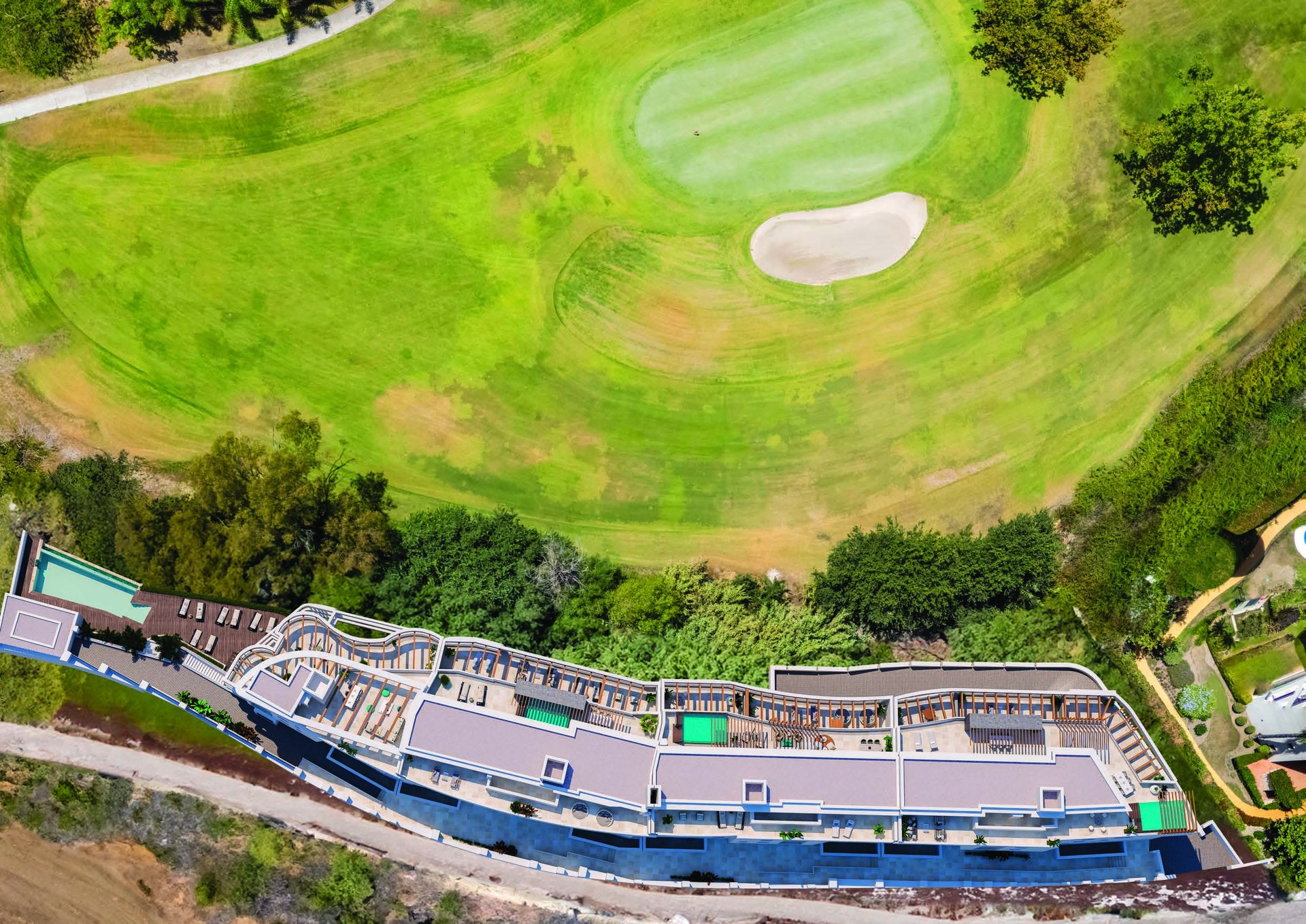 Aerial developer visual of the rooftop pools alongside the golf course