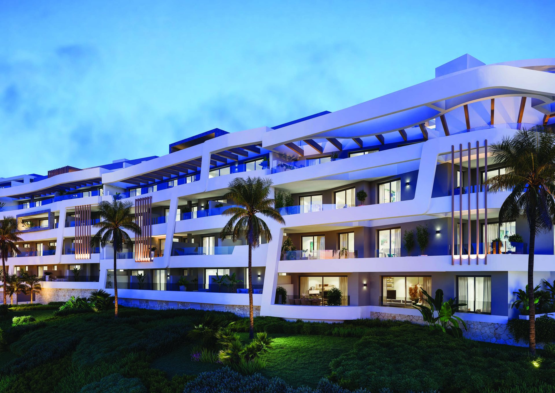 Developer visual of the contemporary facade at dusk with landscaped gardens