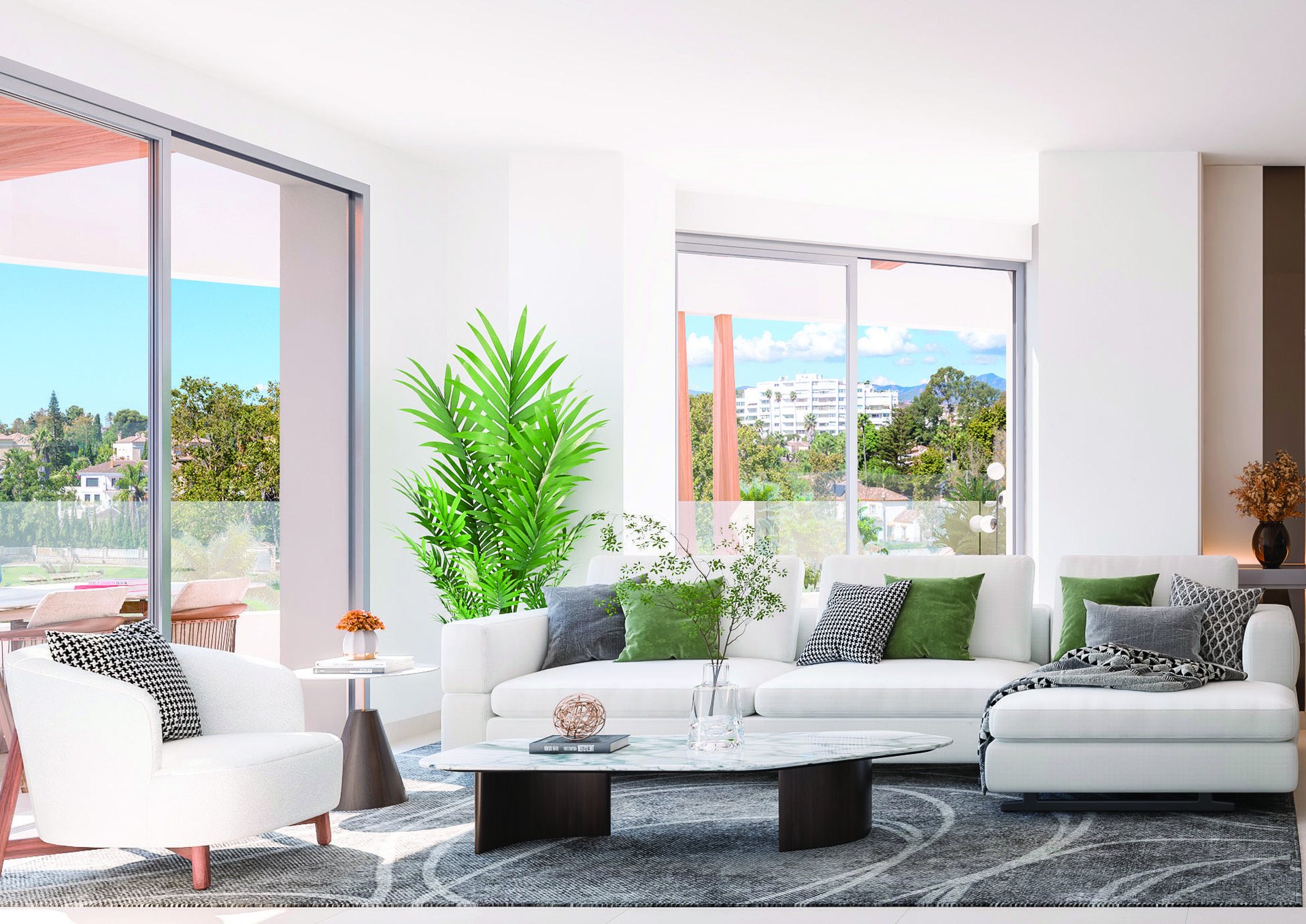 Developer visual of an open-plan living room opening onto a golf-view terrace