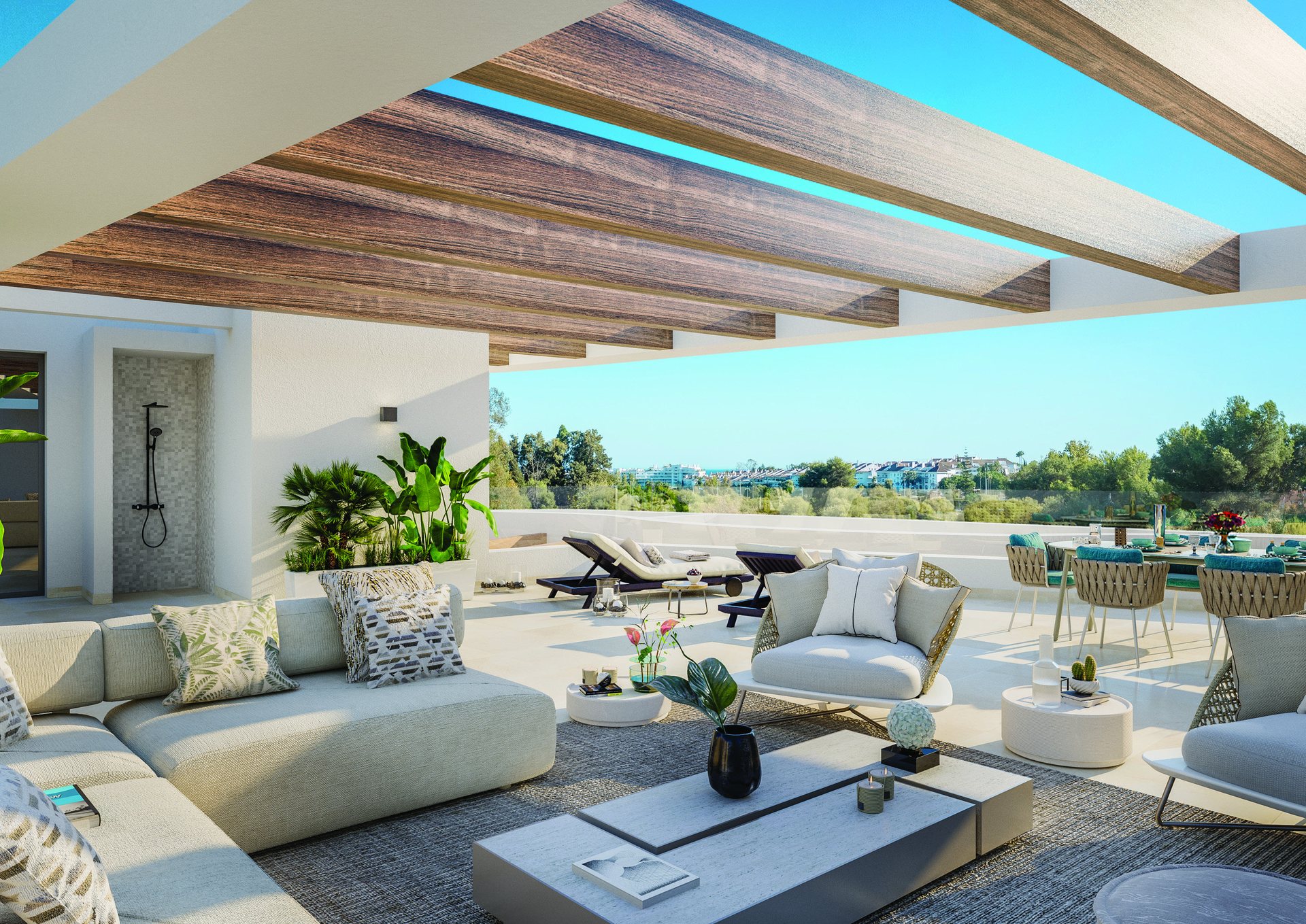 Developer visual of a shaded rooftop terrace lounge and dining area