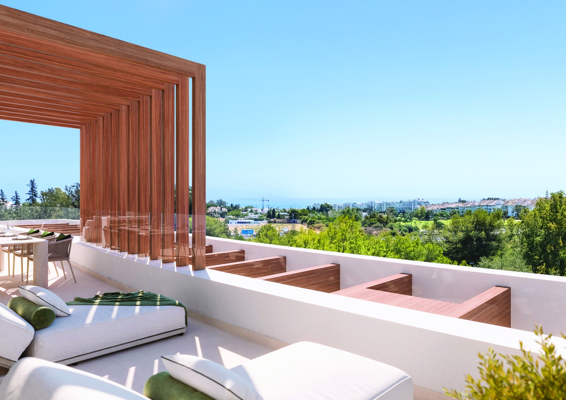 Developer visual of a private terrace overlooking the golf course towards the sea