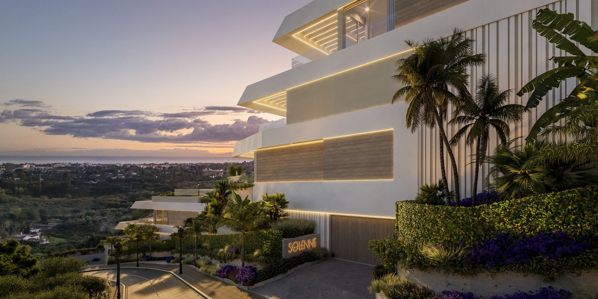 Developer visual of the building approach and entrance at dusk