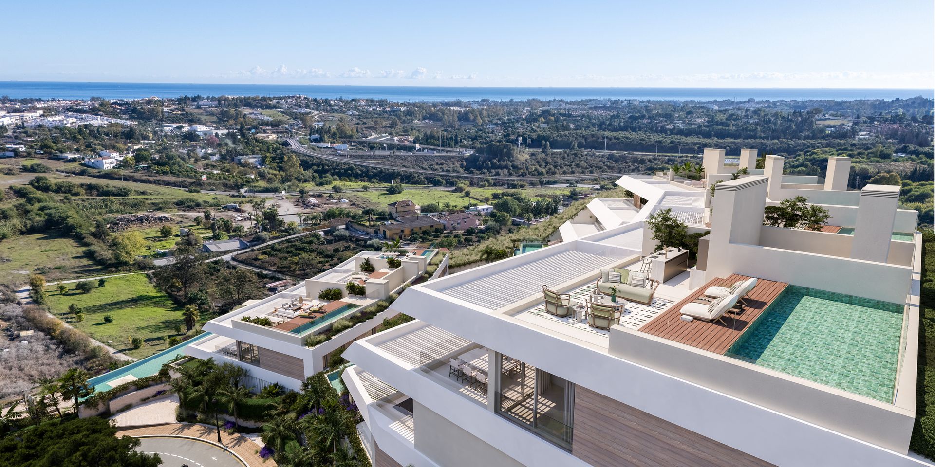 Aerial developer visual of private rooftop pool terraces