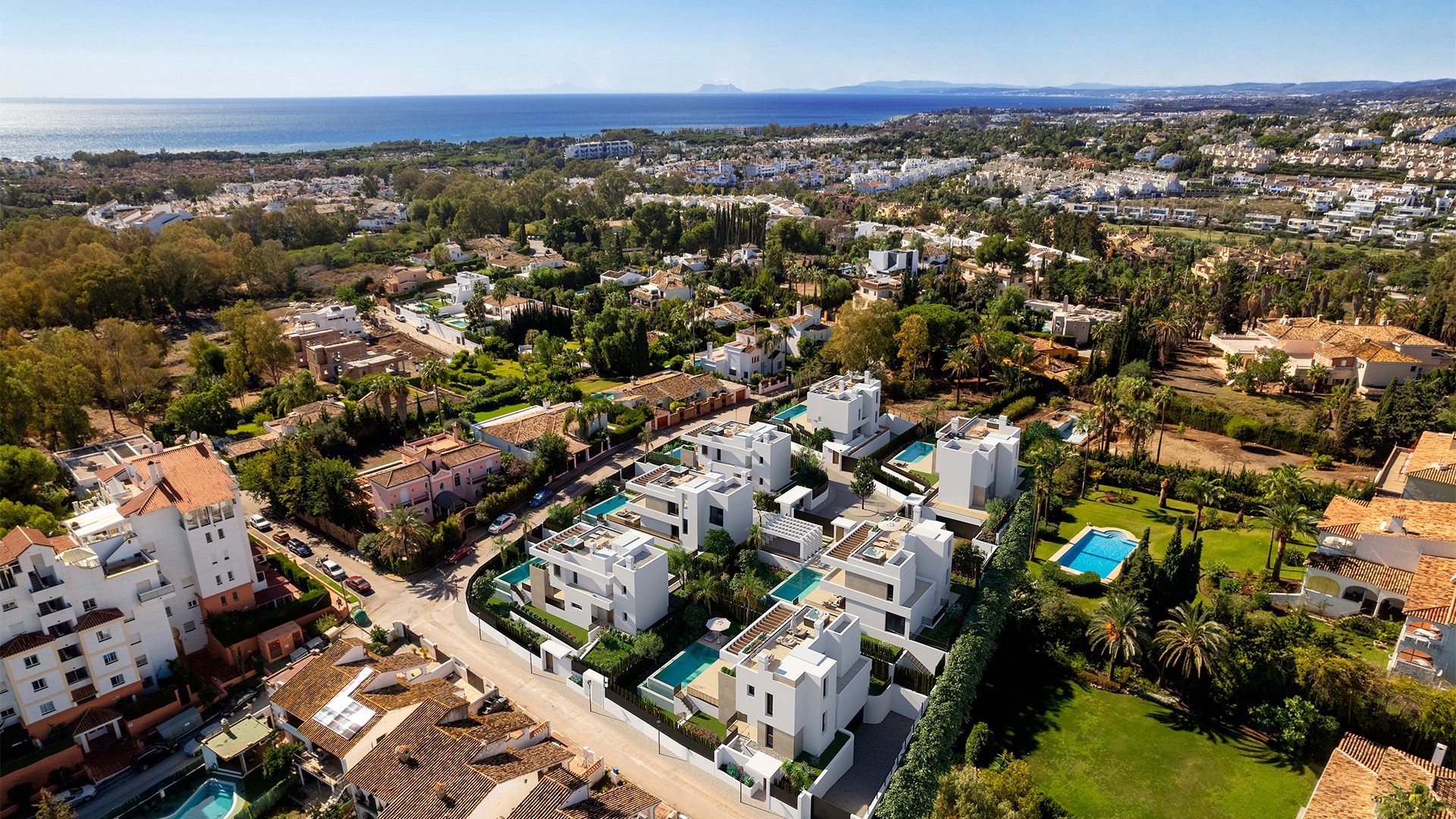 Vista aérea de las siete villas y sus parcelas