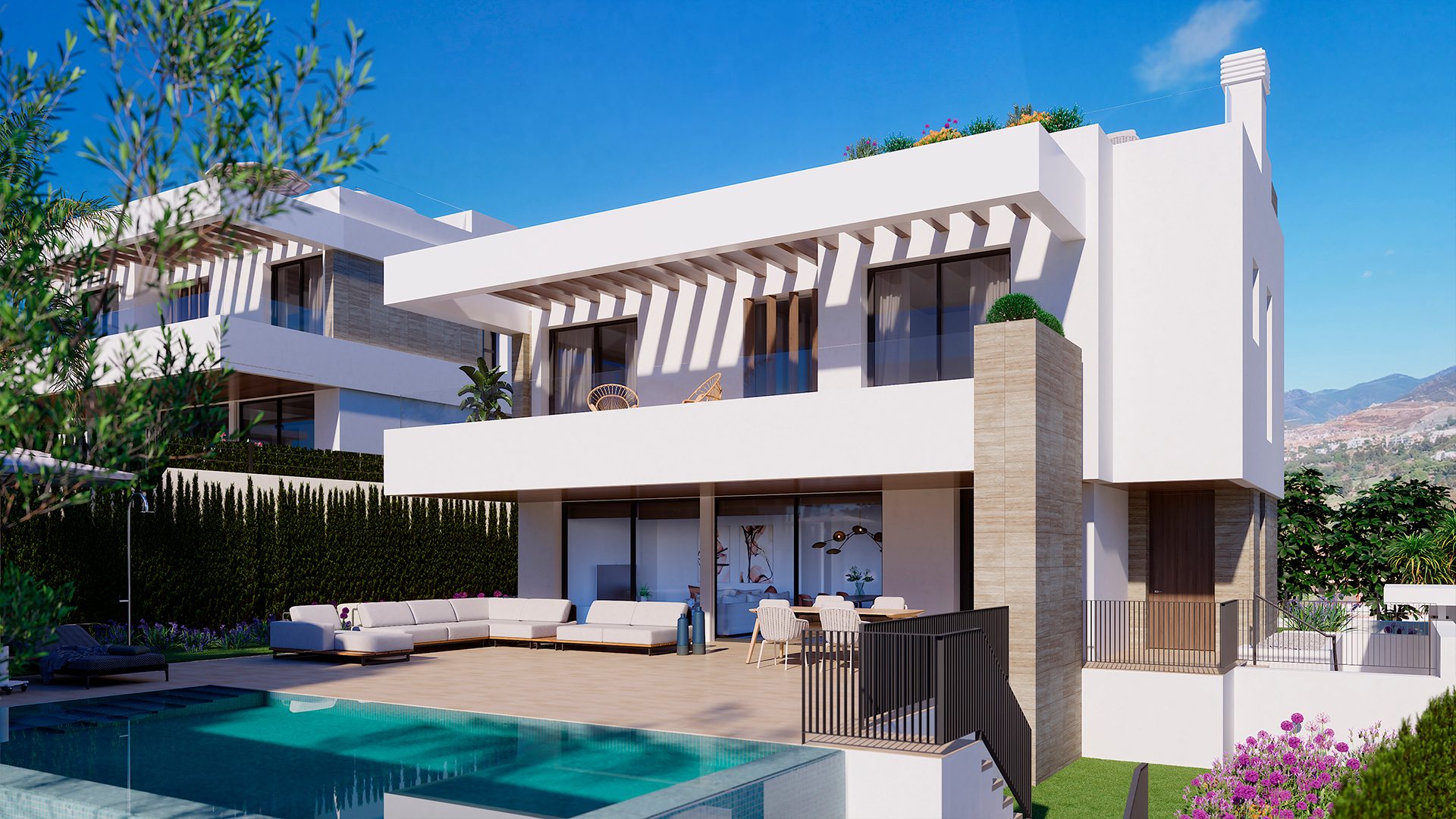 Fachada de la villa con porche cubierto y piscina infinity