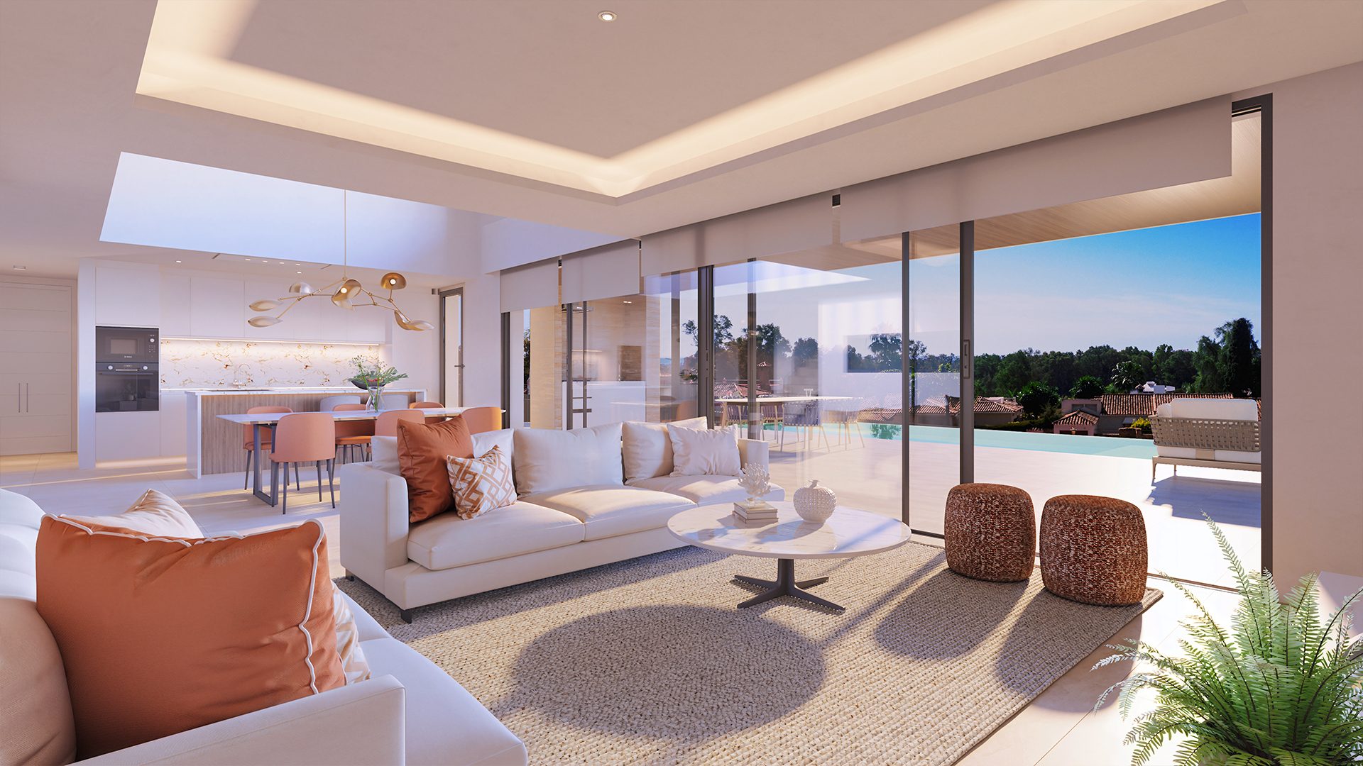 Salón comedor que se abre a la terraza de la piscina