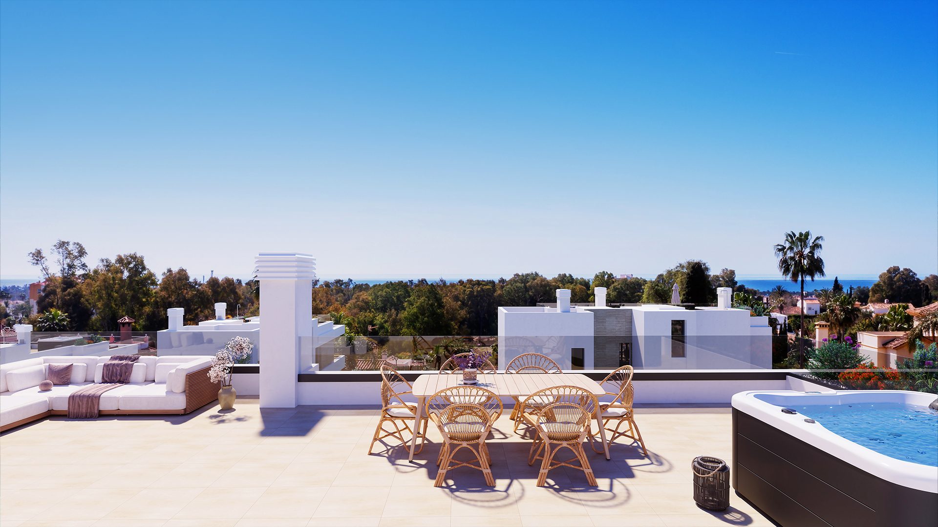 Solárium en la azotea con zona de estar, mesa de comedor y jacuzzi