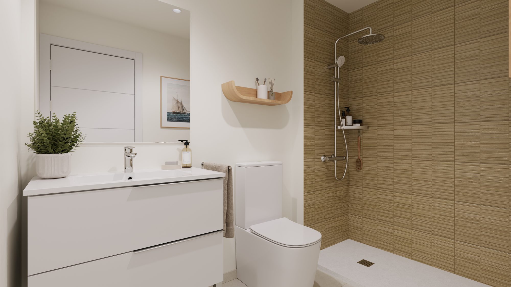 Visualisierung des Bauträgers: ein Badezimmer mit begehbarer Dusche und Holzwänden
