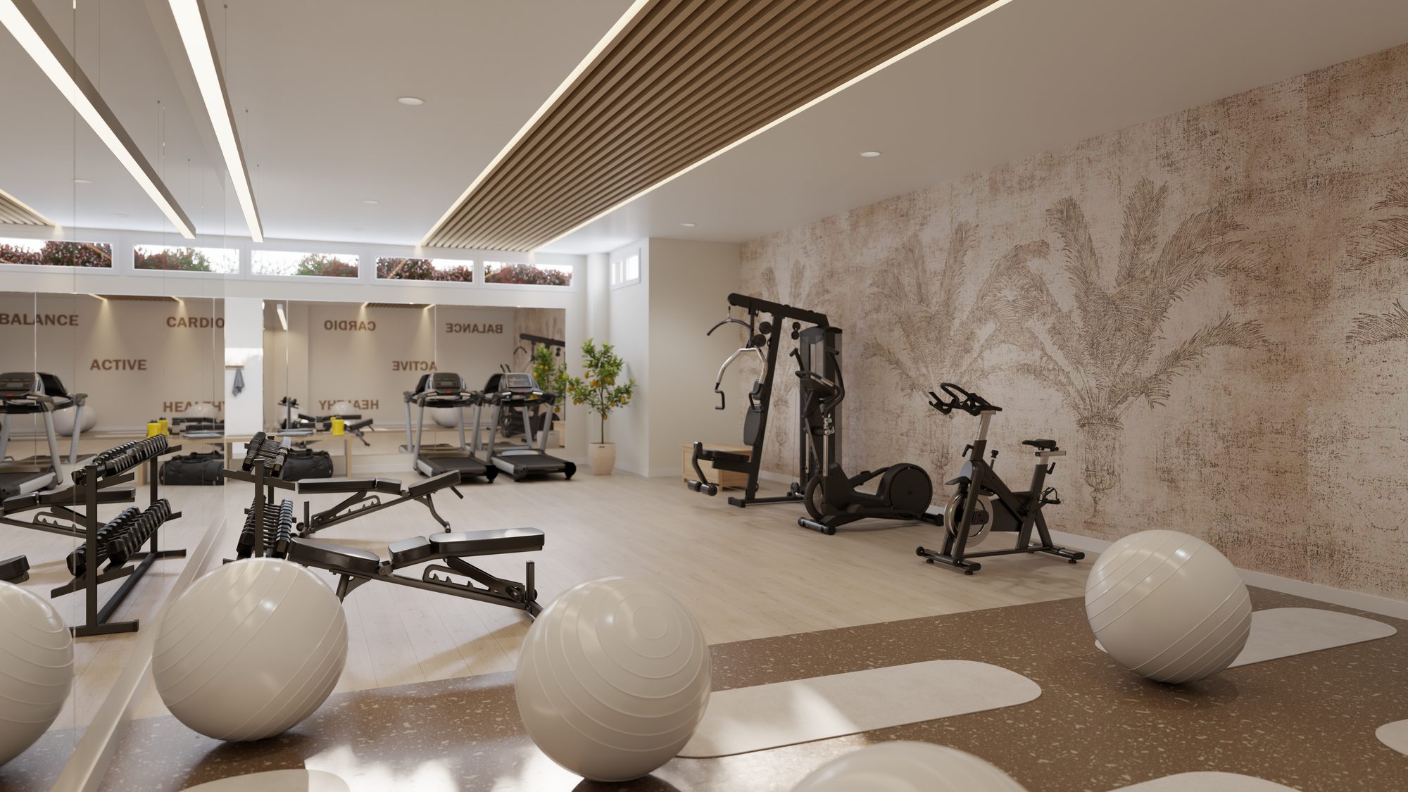 Impressie van de ontwikkelaar: de fitnessruimte onder een plafond van houten latten
