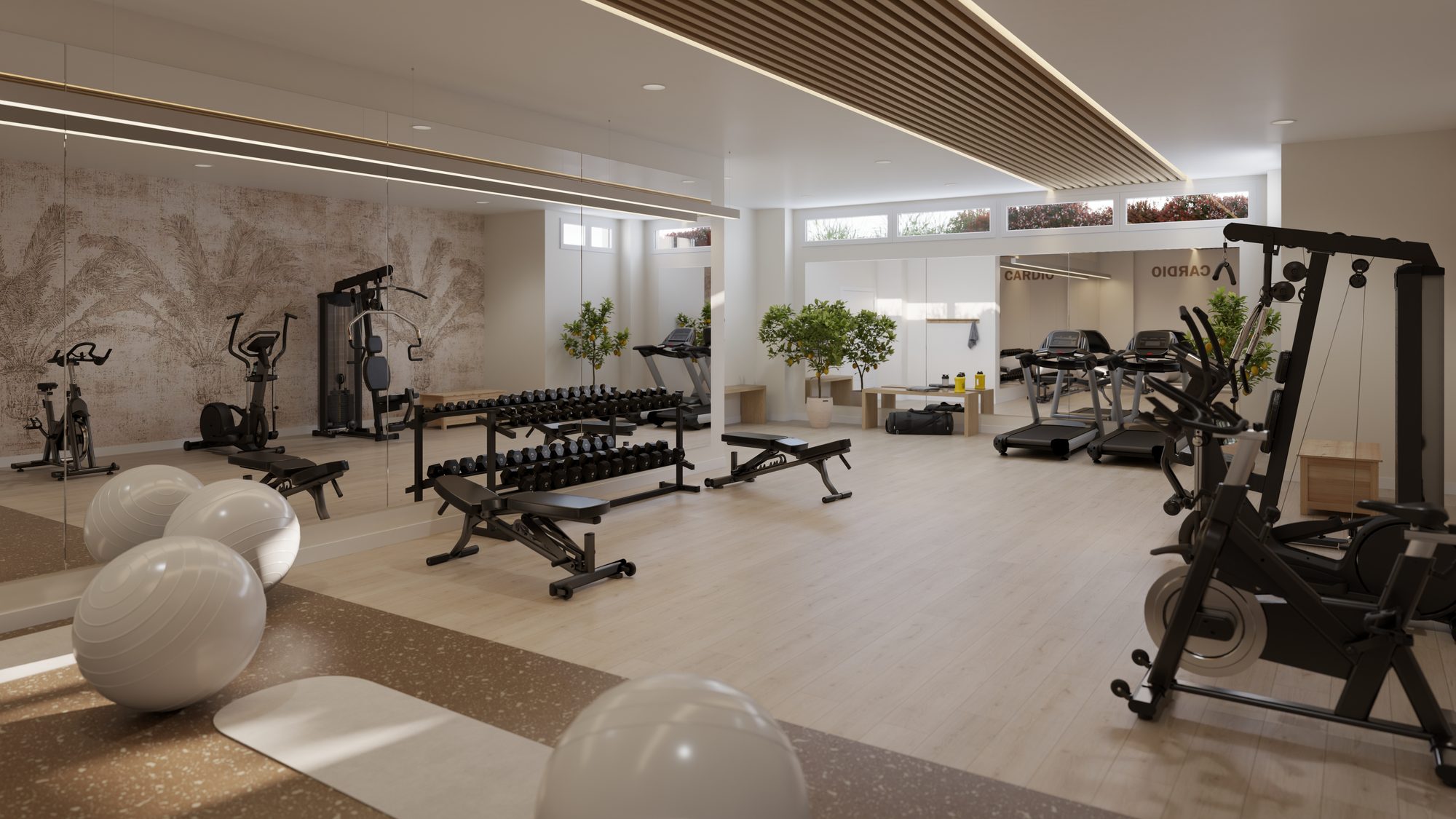 Impressie van de ontwikkelaar: de fitnessruimte, gewichten en toestellen onder een lang raam