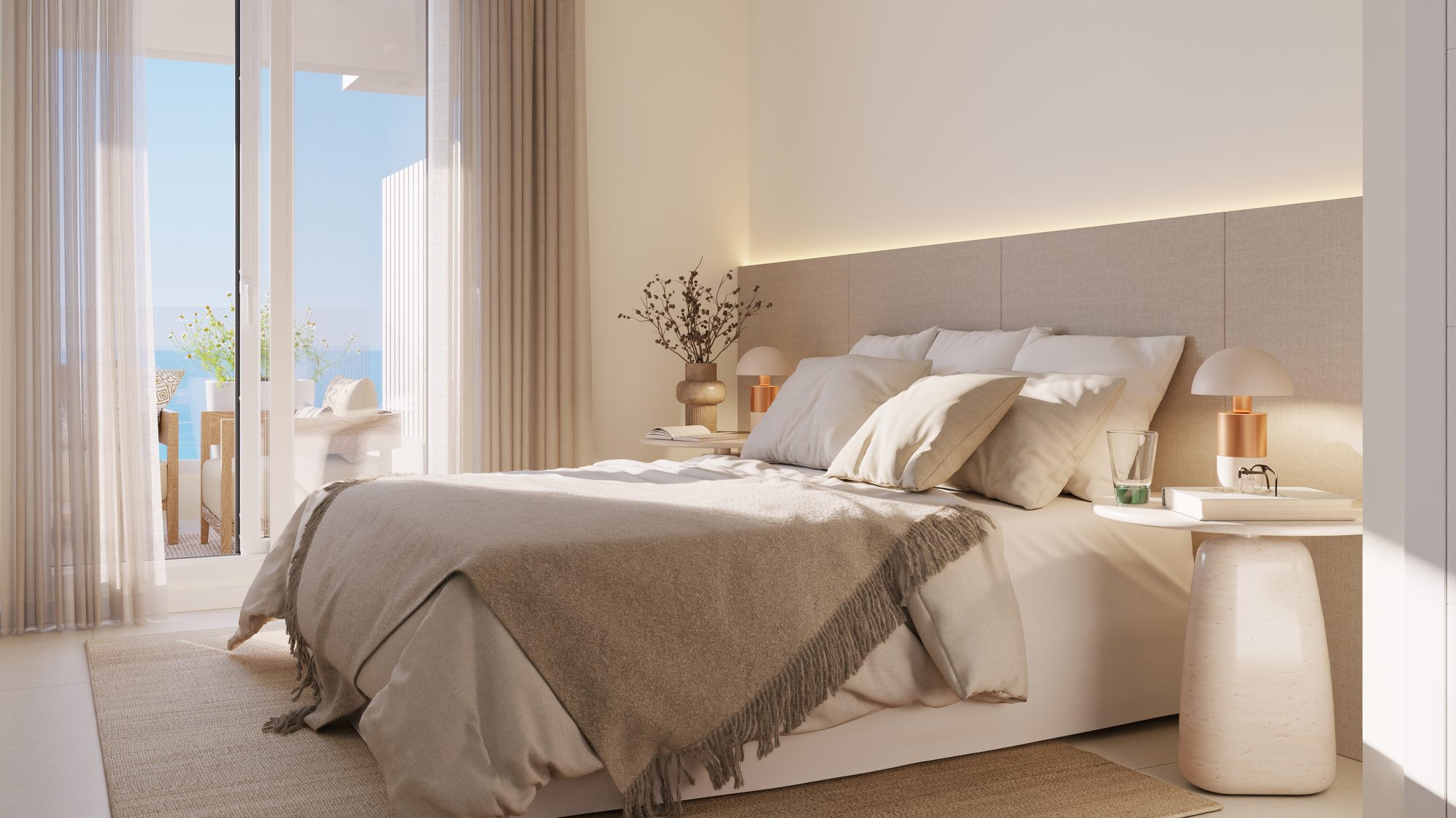 Visualisierung des Bauträgers: das Hauptschlafzimmer, die Vorhänge zum Licht zurückgezogen