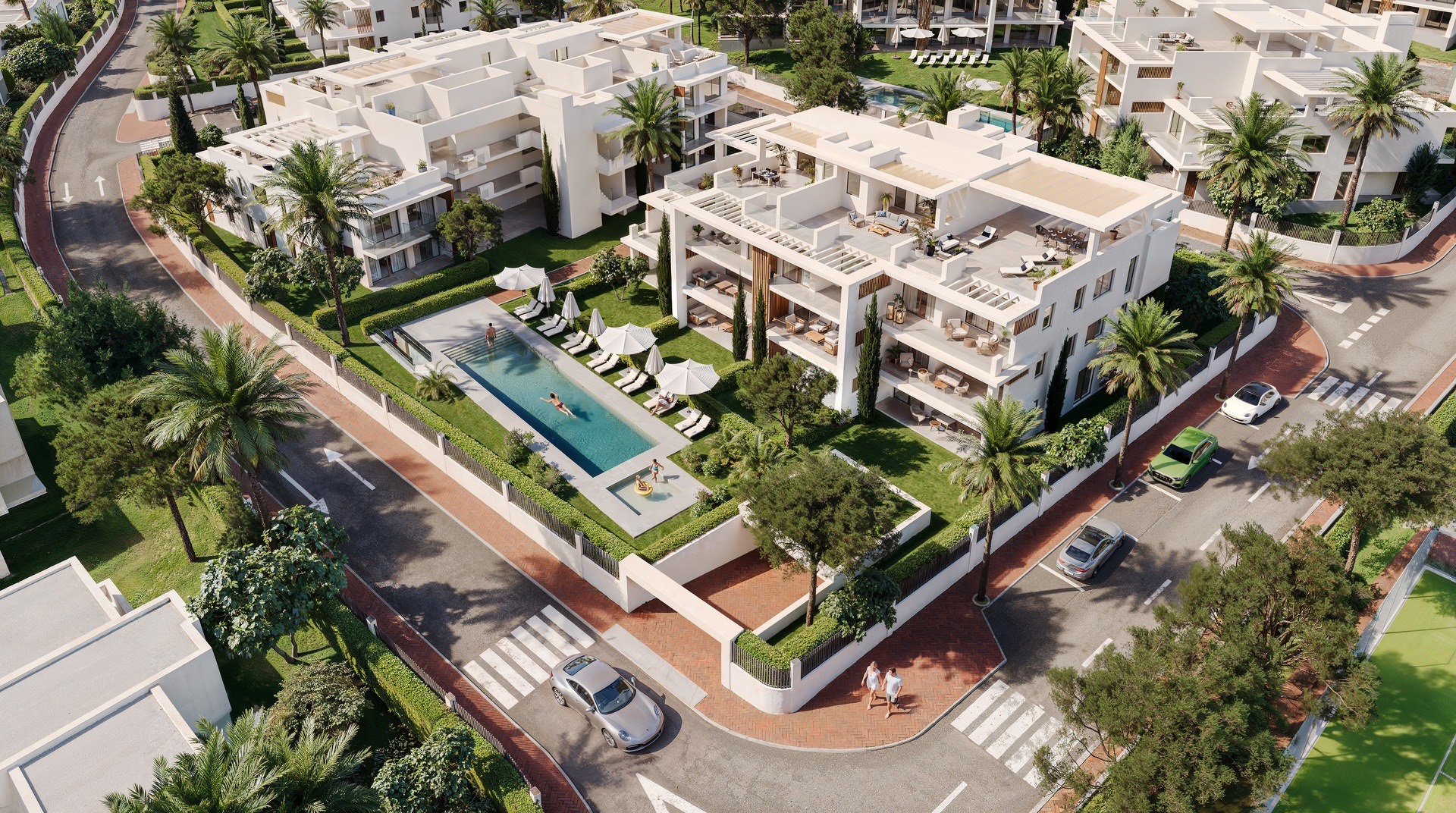 Aerial developer visual of Cancelada Park and its landscaped pool gardens