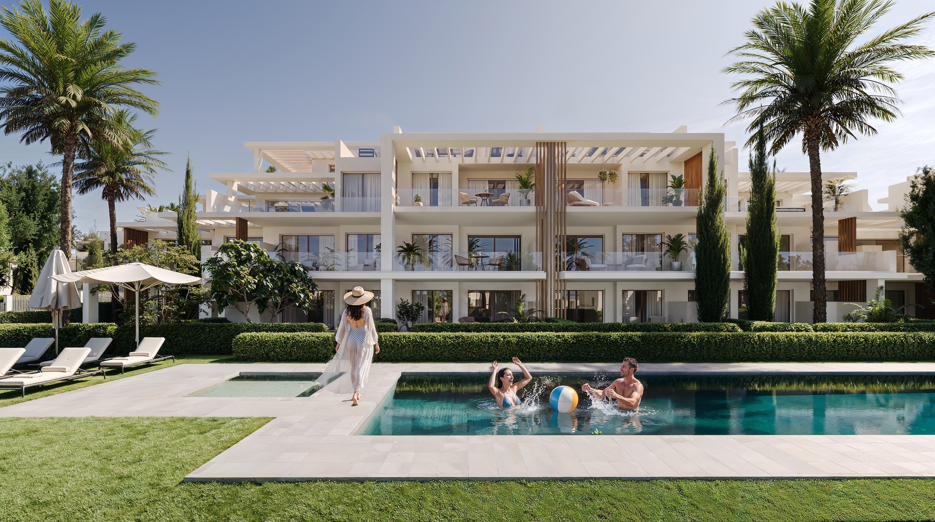 Developer visual of the pool and garden-facing residences at Cancelada Park