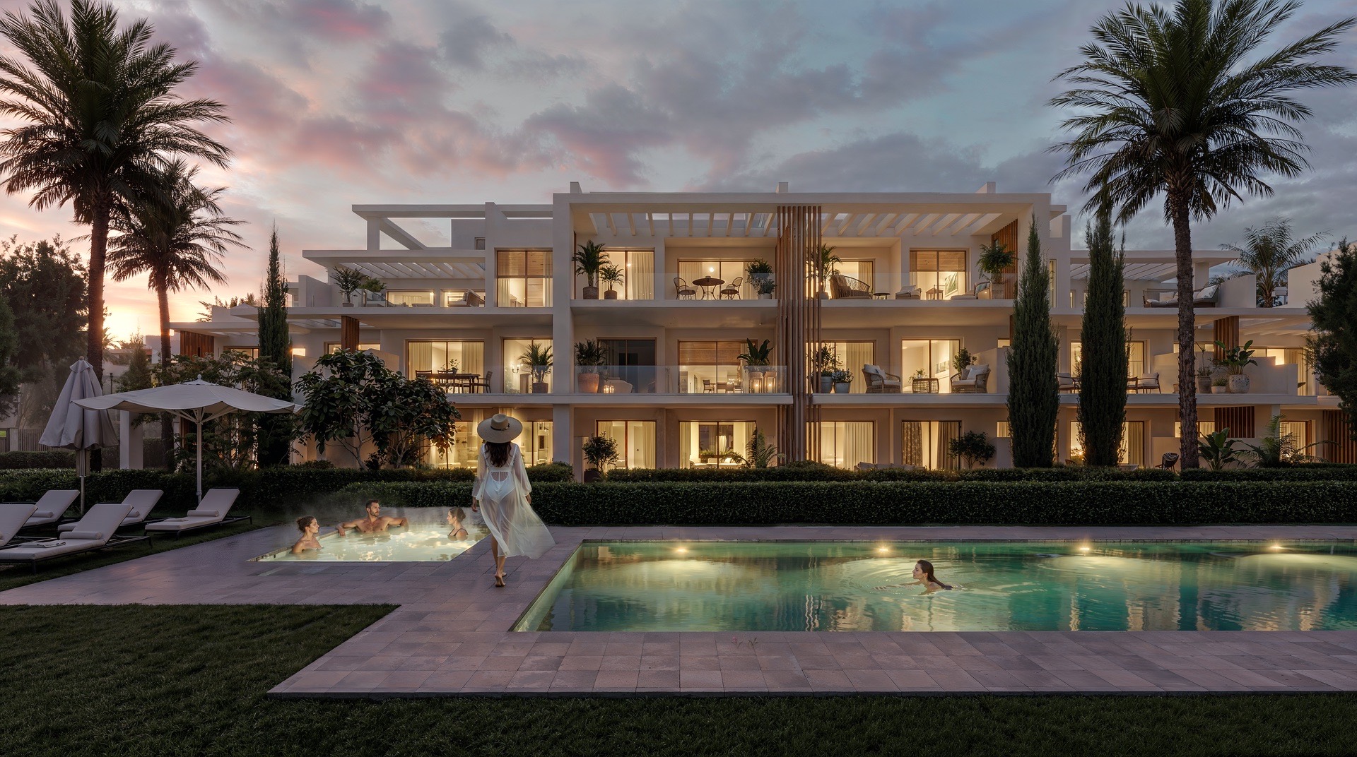 Evening developer visual of the pool and residences at Cancelada Park
