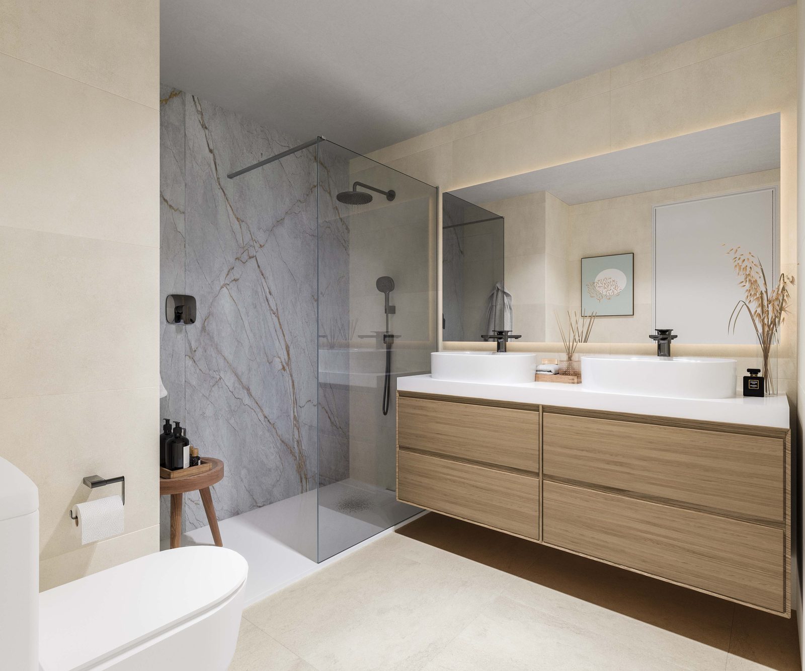 Doble lavabo y ducha de obra en el baño principal