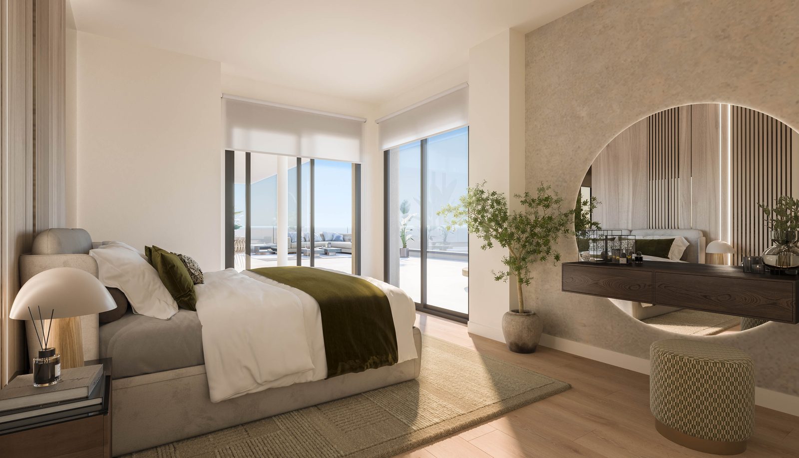 El dormitorio principal con acristalamiento de suelo a techo hacia la terraza