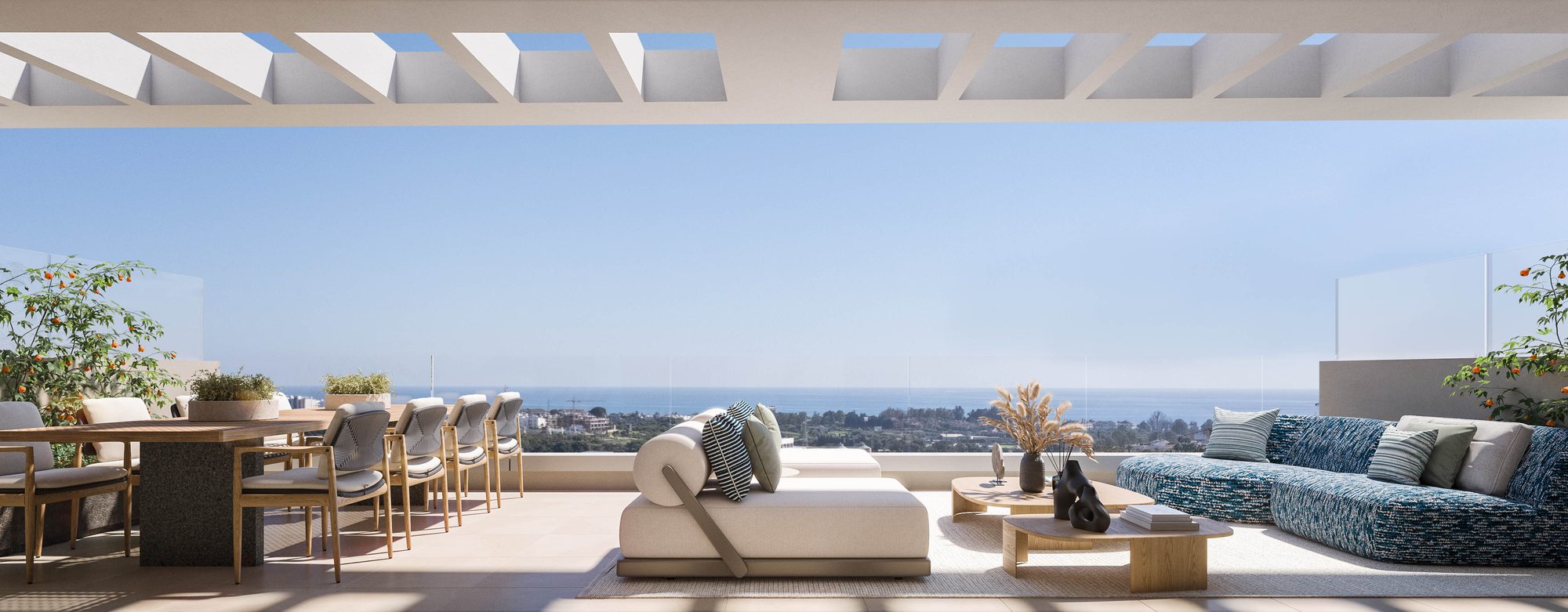 Una terraza al atardecer, con vistas al valle