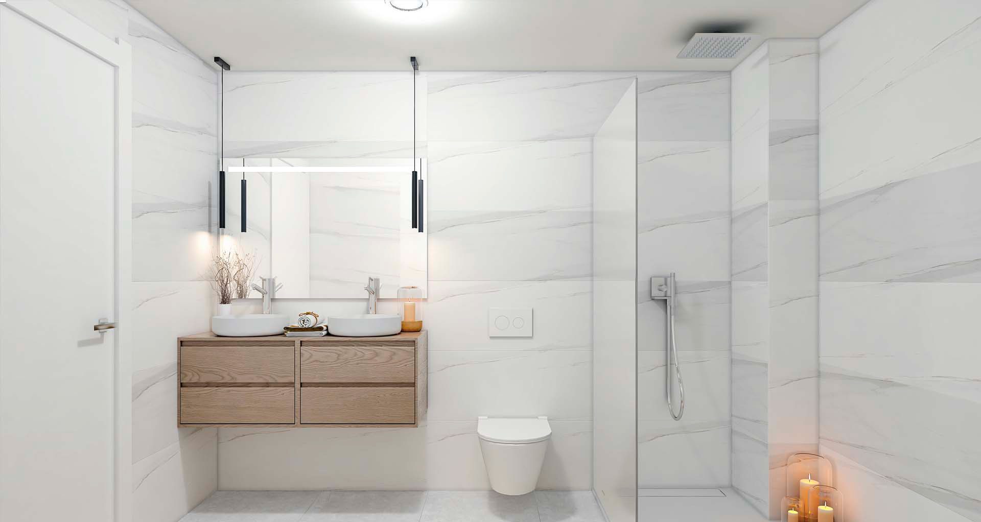 Bathroom with a double vanity on a timber unit, a wall-hung toilet and a walk-in shower