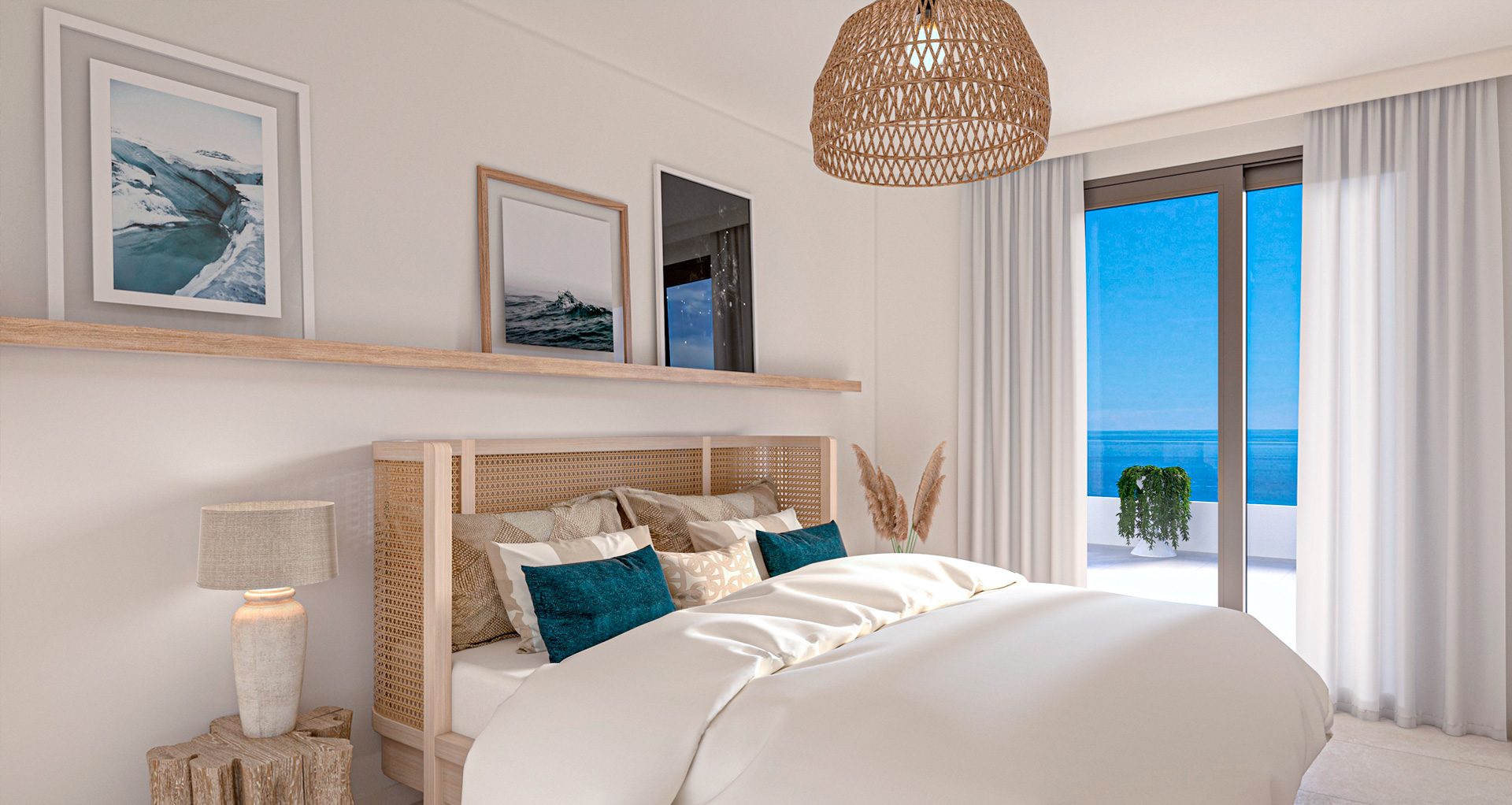 Bedroom with a double bed, a woven pendant lamp and a sliding door to a terrace with a sea view