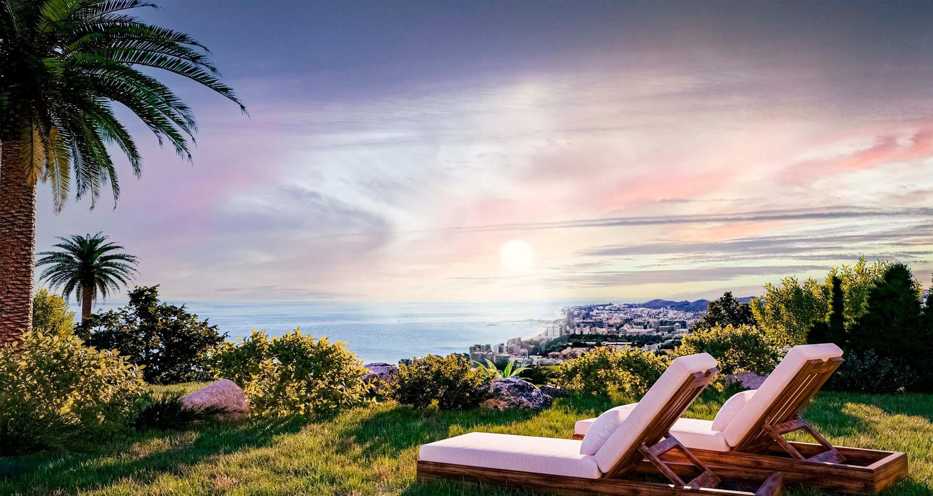 Computer-generated view of two sun loungers on a lawn at sunset, with the coast below