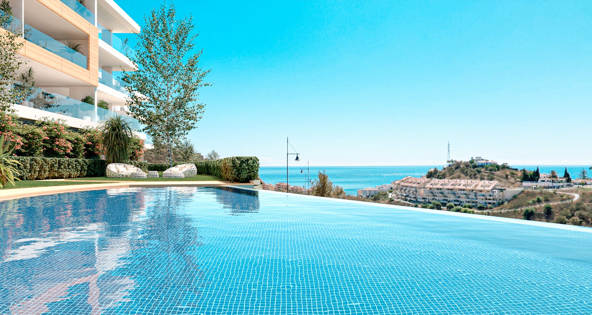 Computer-generated view of the infinity pool and the sea, with a block with balconies on the left