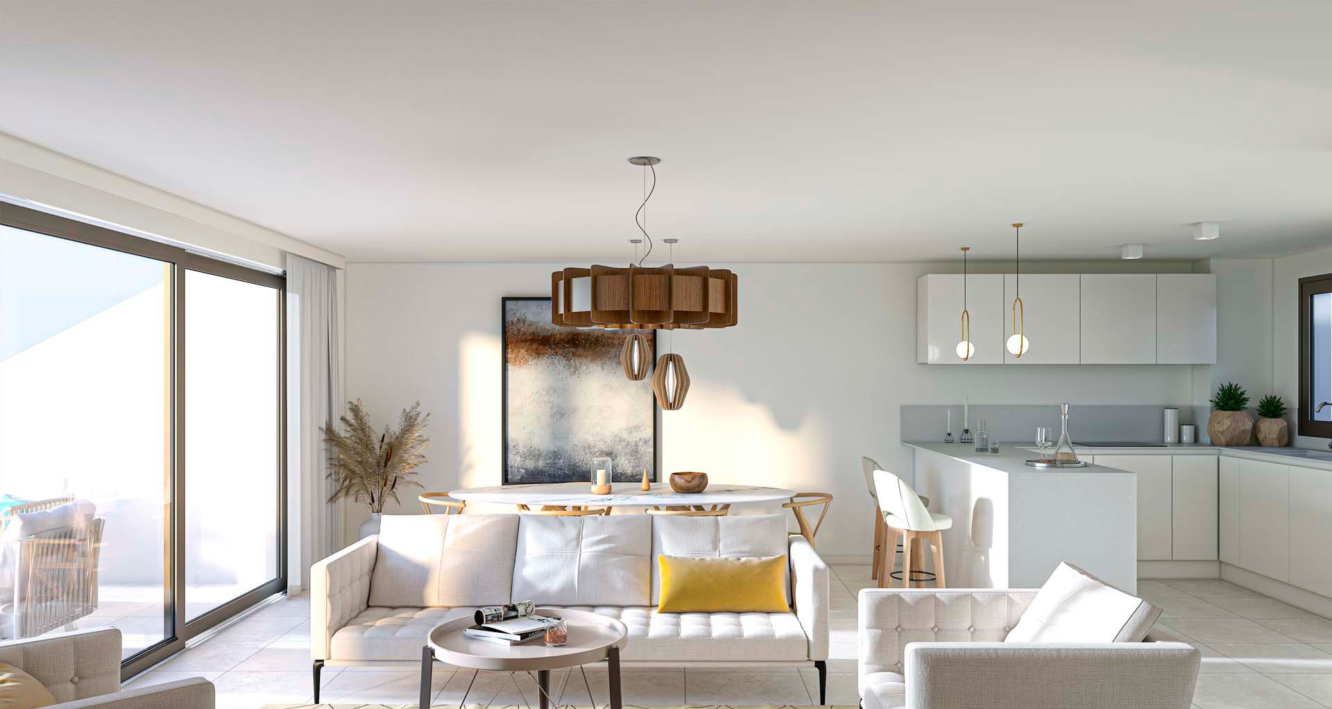 Open-plan living, dining and kitchen area with white units and sliding doors to a terrace