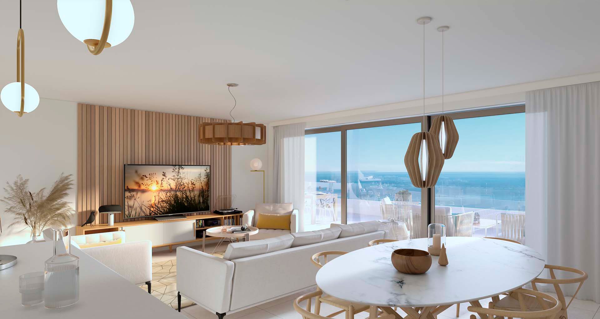 Furnished living room with a television, a sofa and an oval dining table by a sliding door
