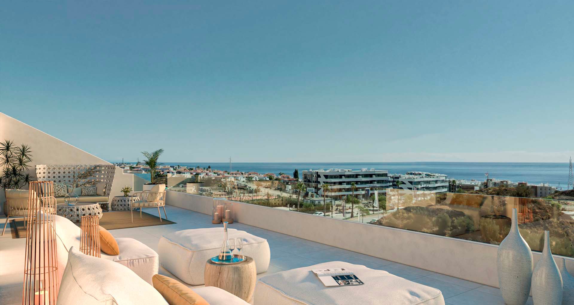 Computer-generated view of a rooftop terrace with lounge seating and a view of the coast