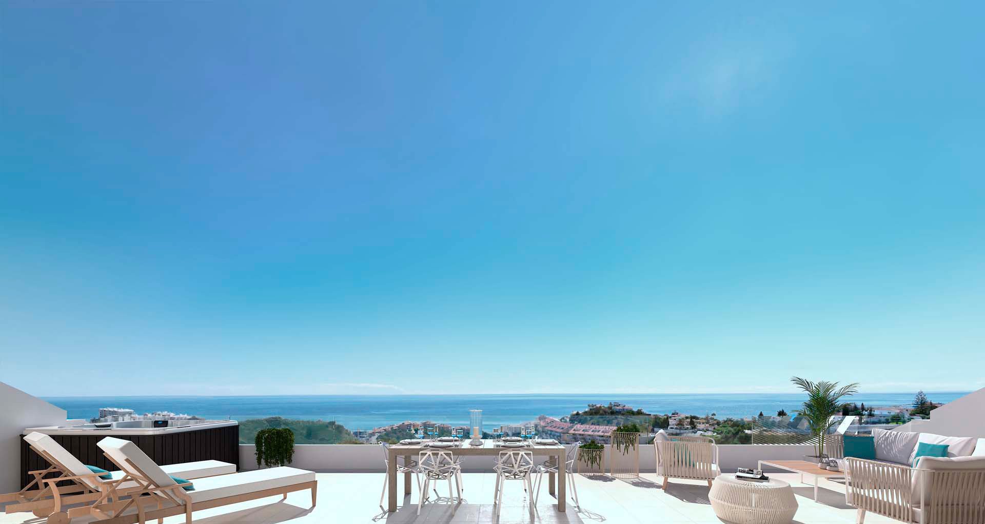 Computer-generated view of a terrace with sun loungers, a dining table and the sea beyond