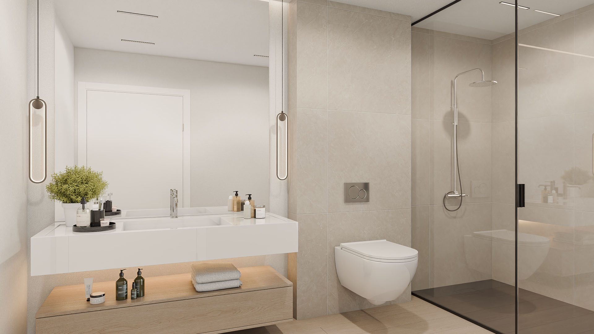 Bathroom with a vanity, a wall-hung toilet and a glazed shower