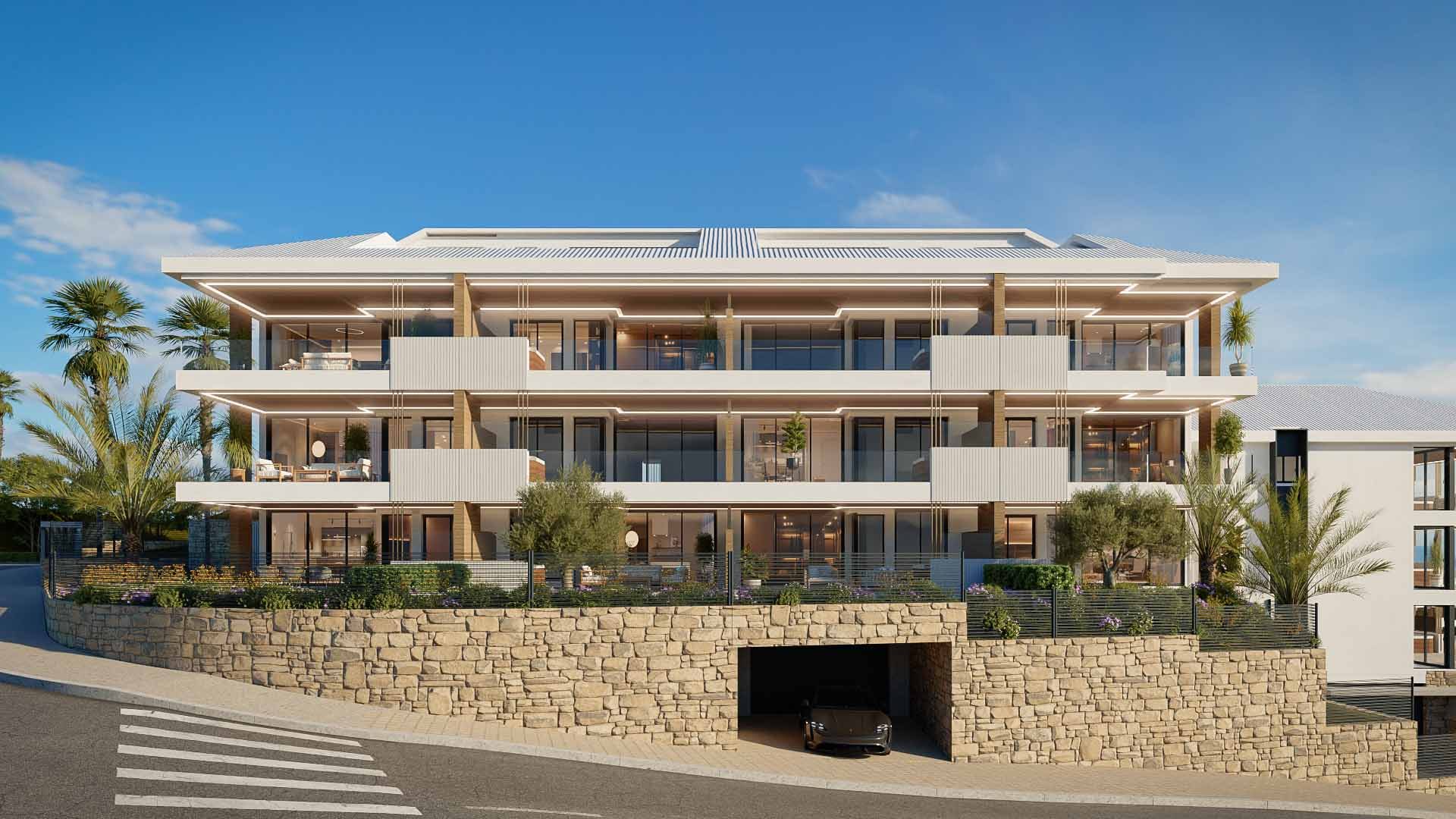Computer-generated view of a three-storey apartment block with terraces, above a stone retaining wall and a garage entrance