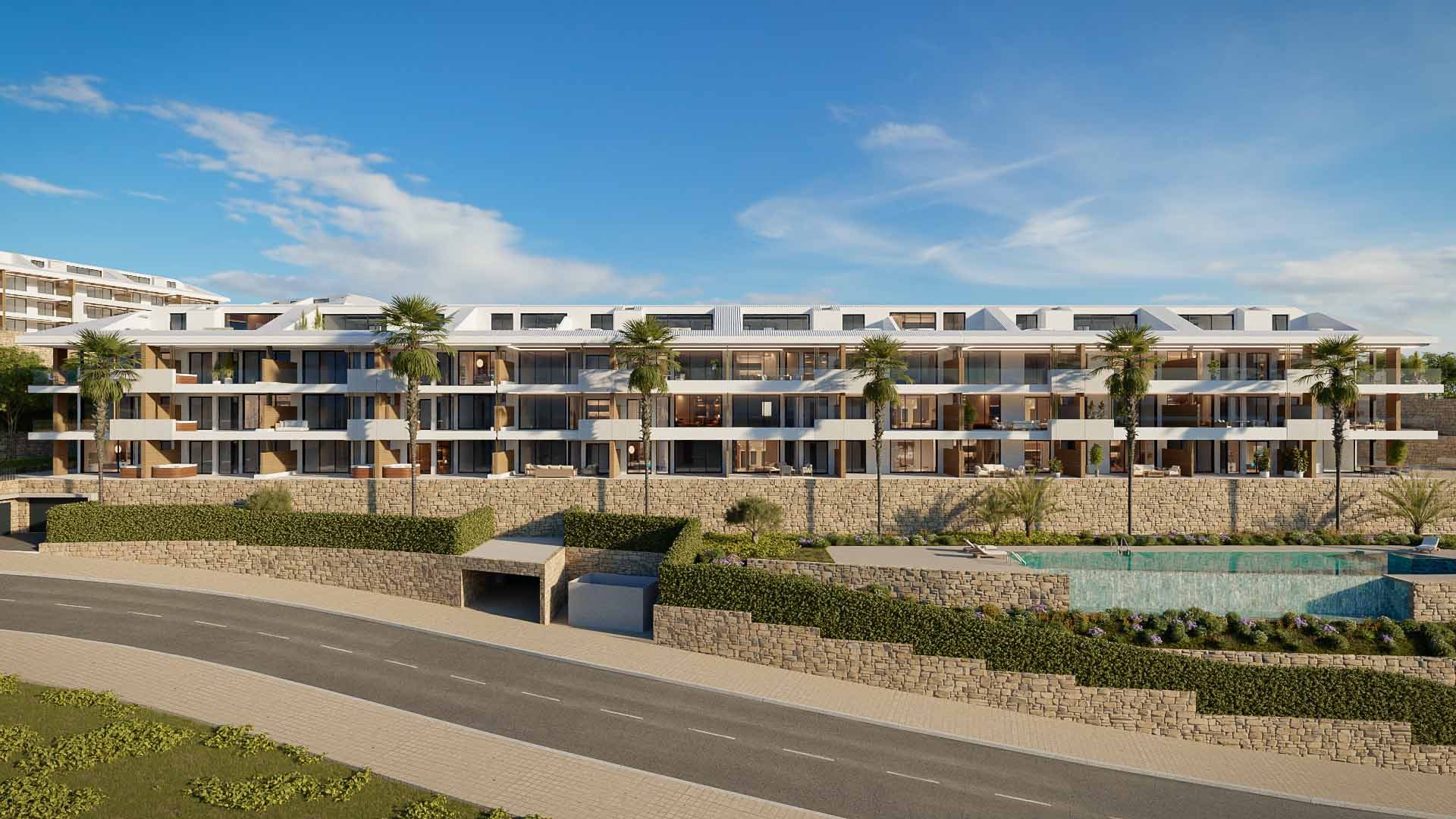 Computer-generated view of the apartment blocks along the access road, with the infinity pool beyond
