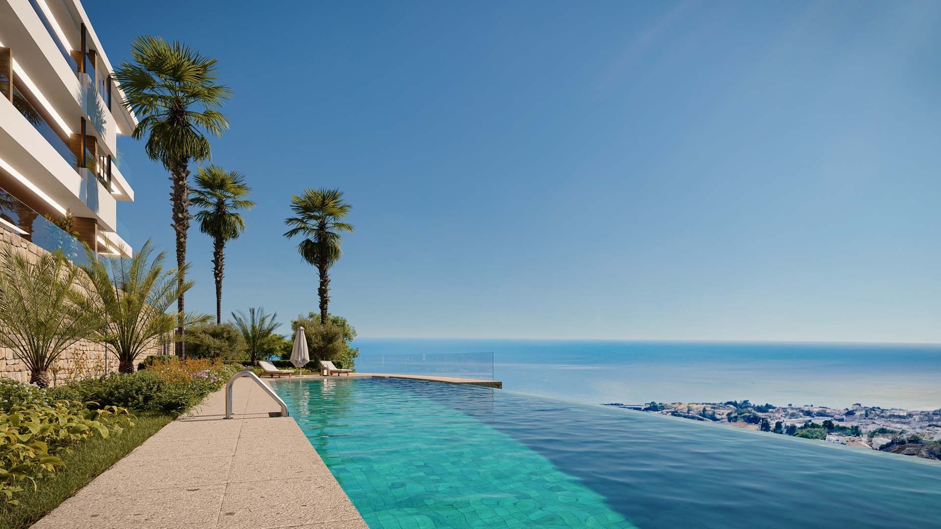 Computer-generated view of the infinity pool with palms and the sea beyond