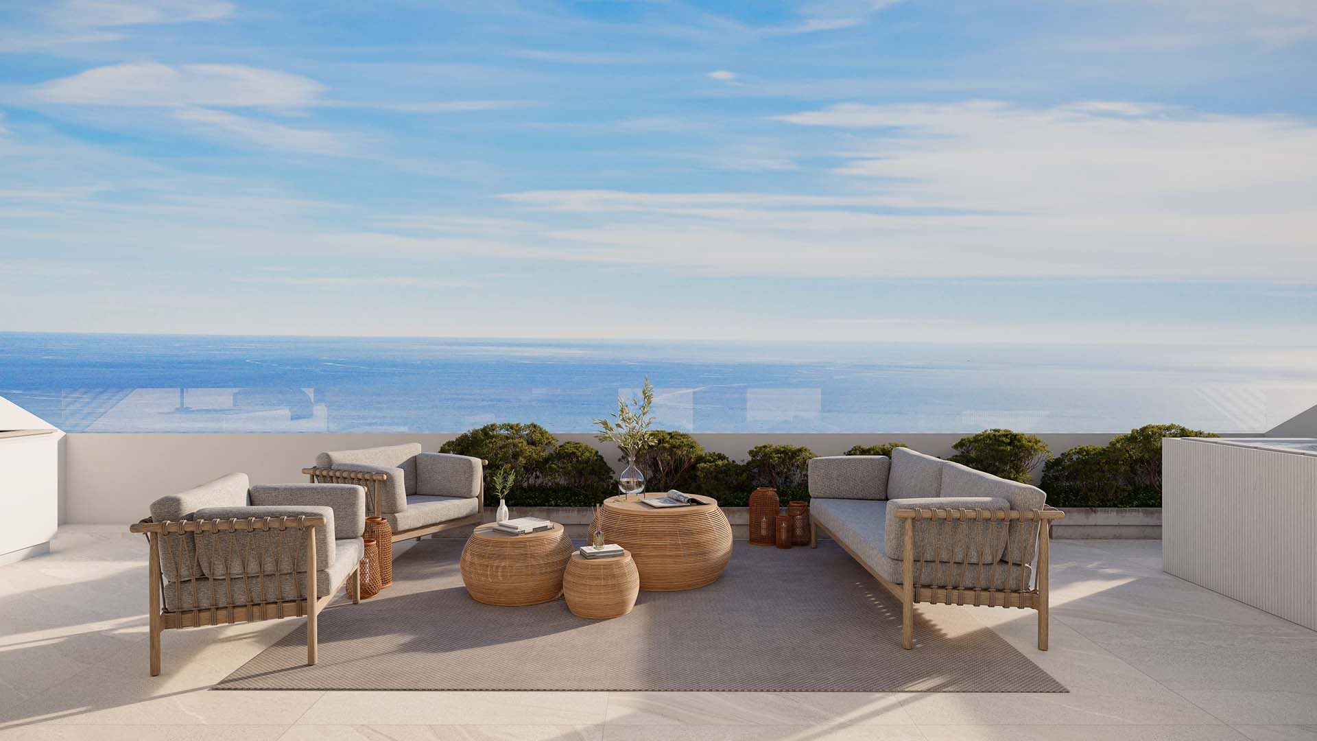 Computer-generated view of a rooftop terrace with lounge seating and the sea beyond