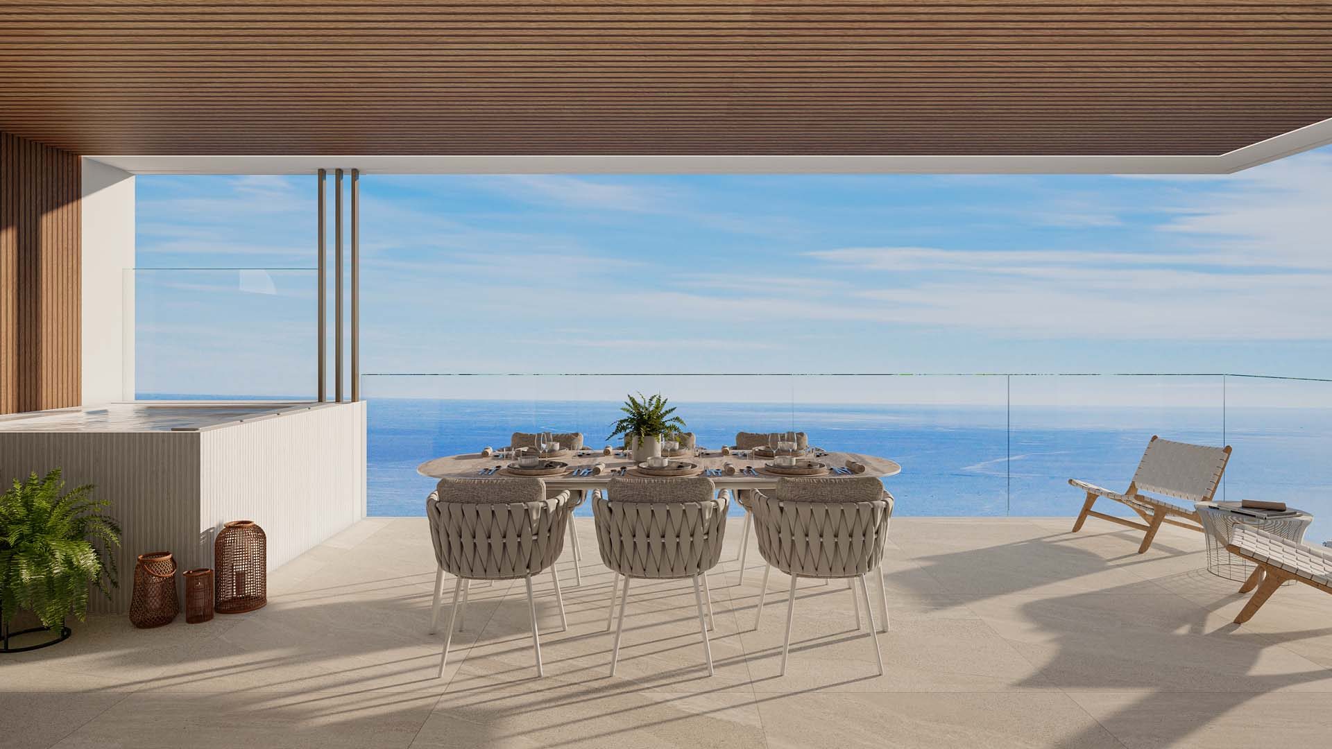 Computer-generated view of a covered terrace with a dining table, lounge chairs and a view of the sea