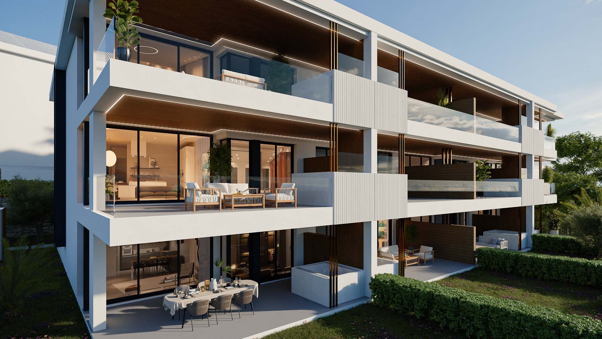 Computer-generated view of the corner of a terraced block with glass balustrades and timber soffits
