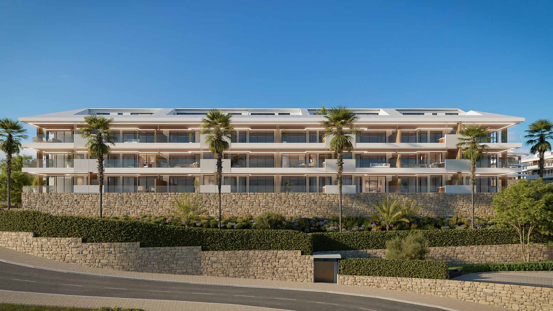 Computergegenereerd beeld van de appartementengebouwen met palmen en aangelegde tuinen ervoor