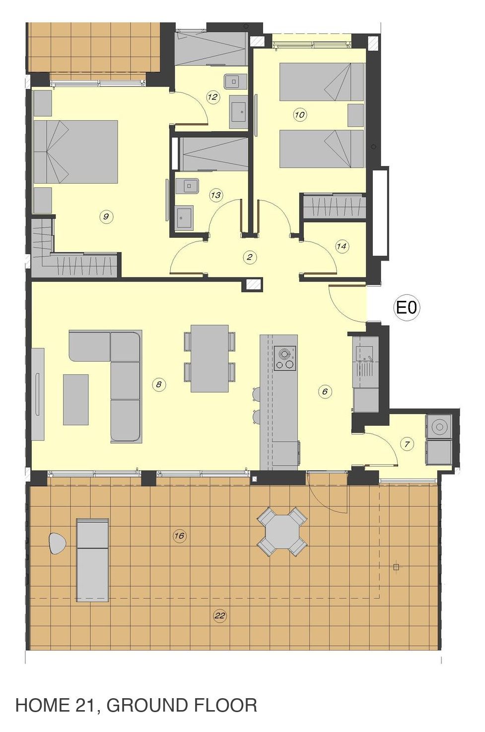 Plattegrond van woning 21, begane grond