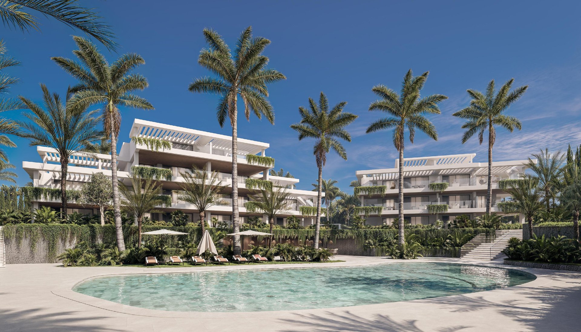 Exterior render of Jardin del Mar Residences with palm-lined pool terrace