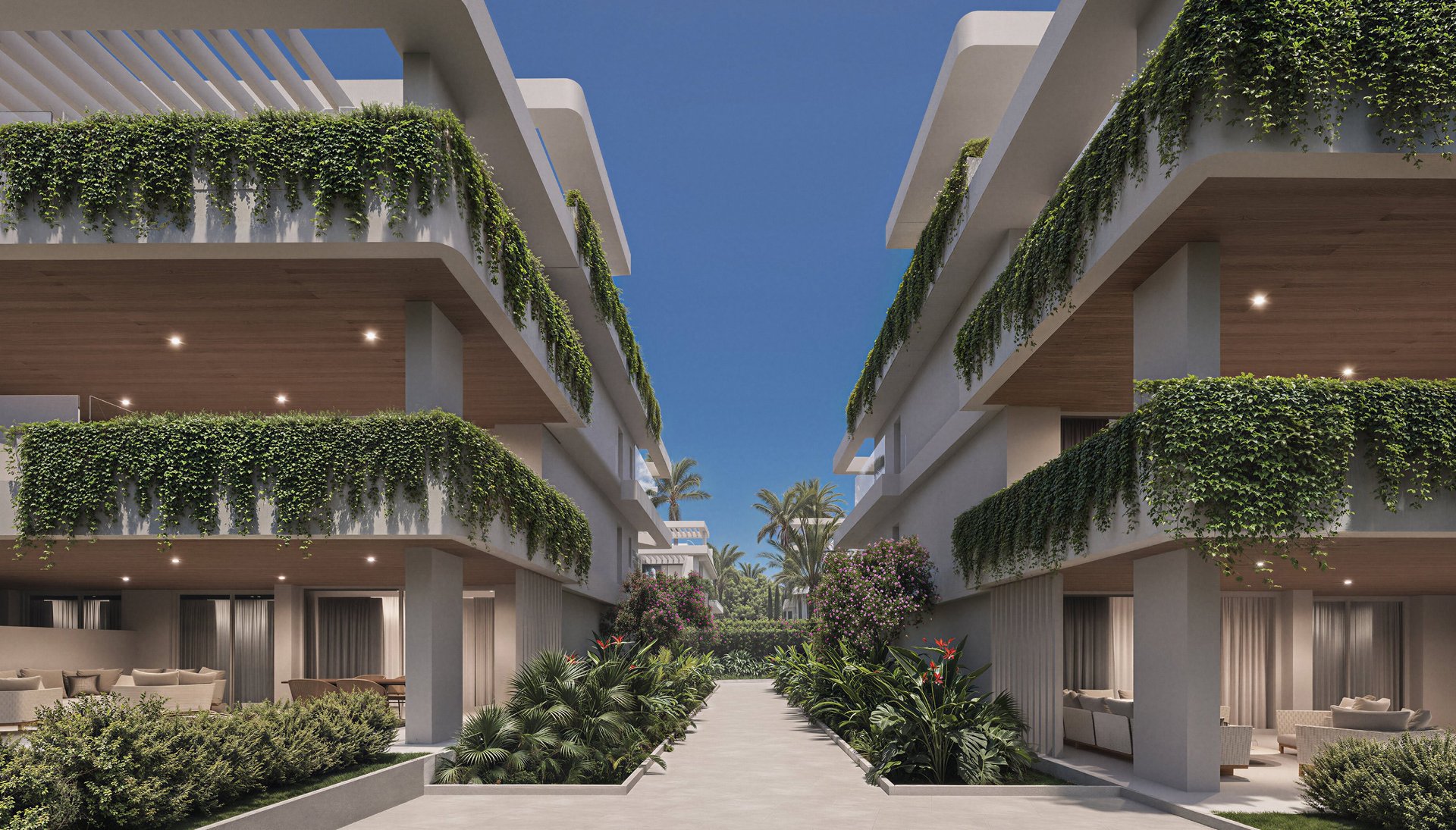Landscaped walkway between two residential blocks
