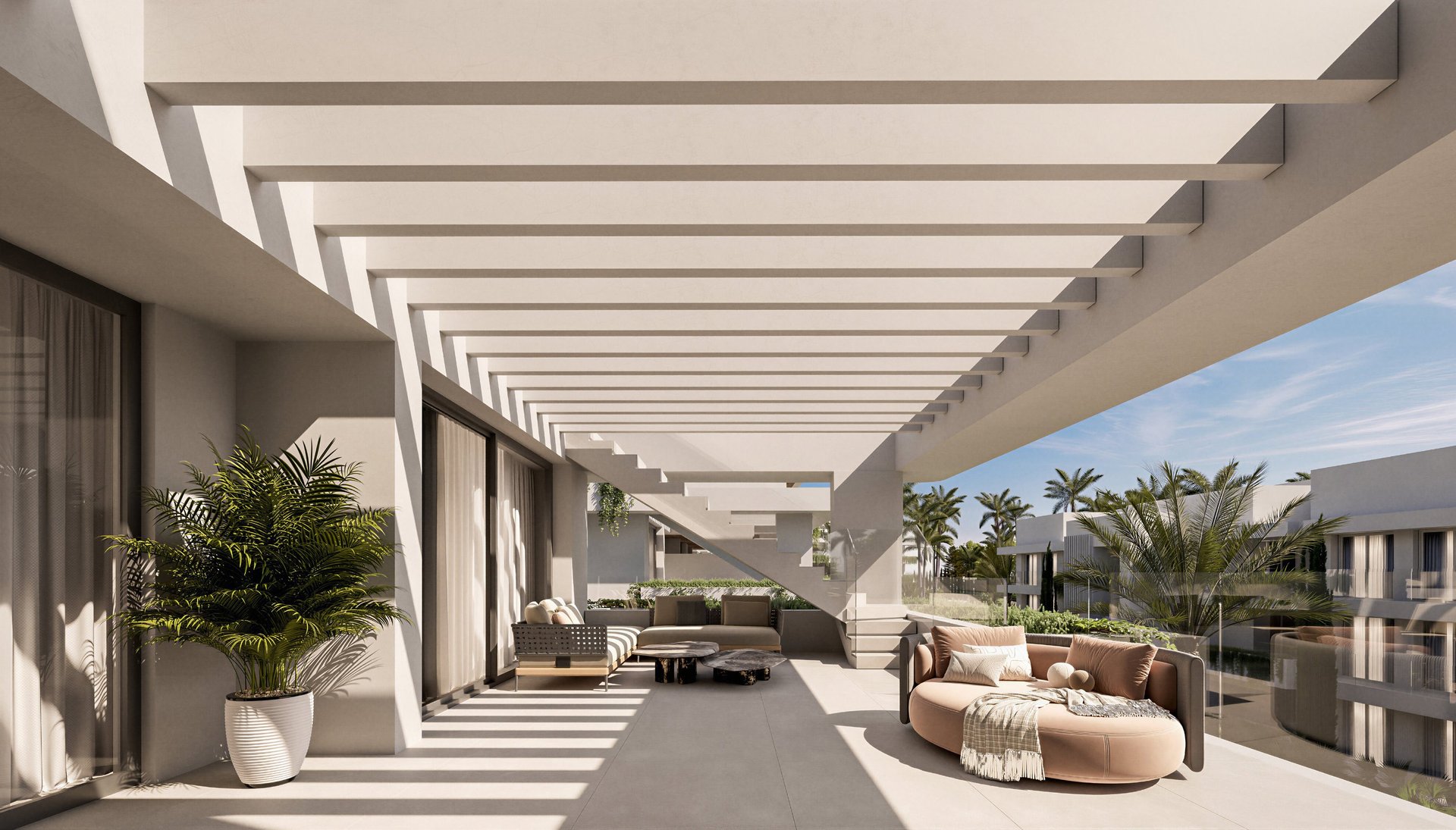 Private terrace lounge with pergola shading